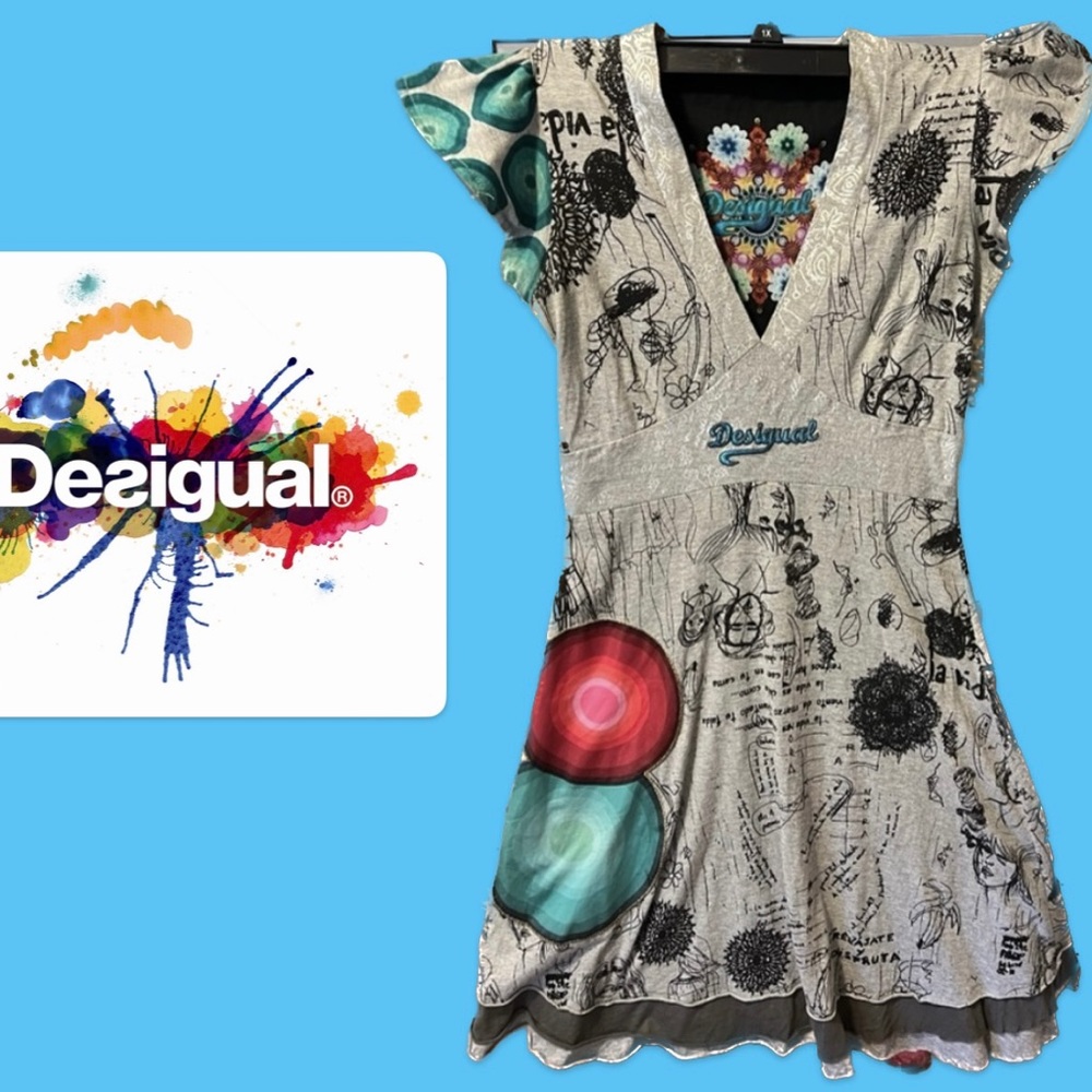 EUC beautiful Desigual dress, size M Europe and S US. Grey, green, silver